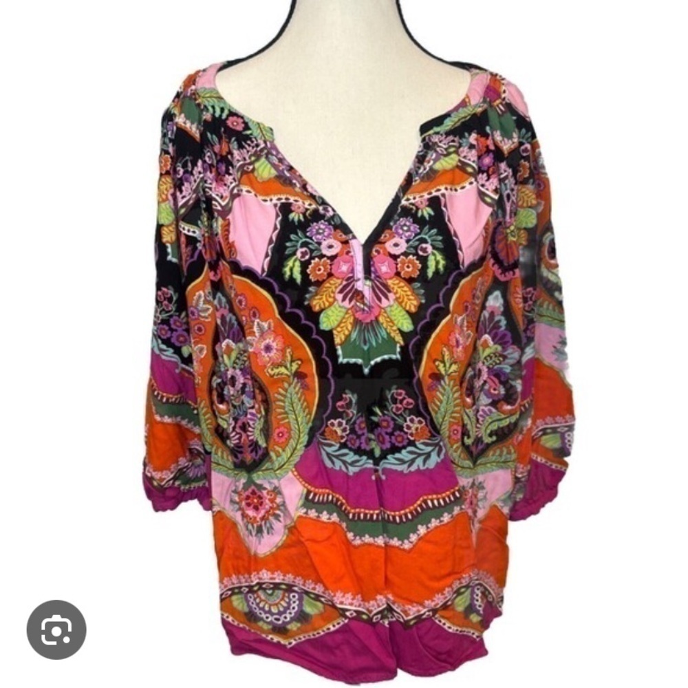 Rachel Zoe Boho Floral Print 3/4 Sleeve Peasant Blouse 1X Plus Size - Picture 6 of 6